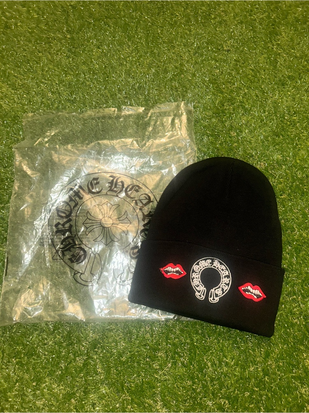Black Embroidered Beanie with Red Lip Accents